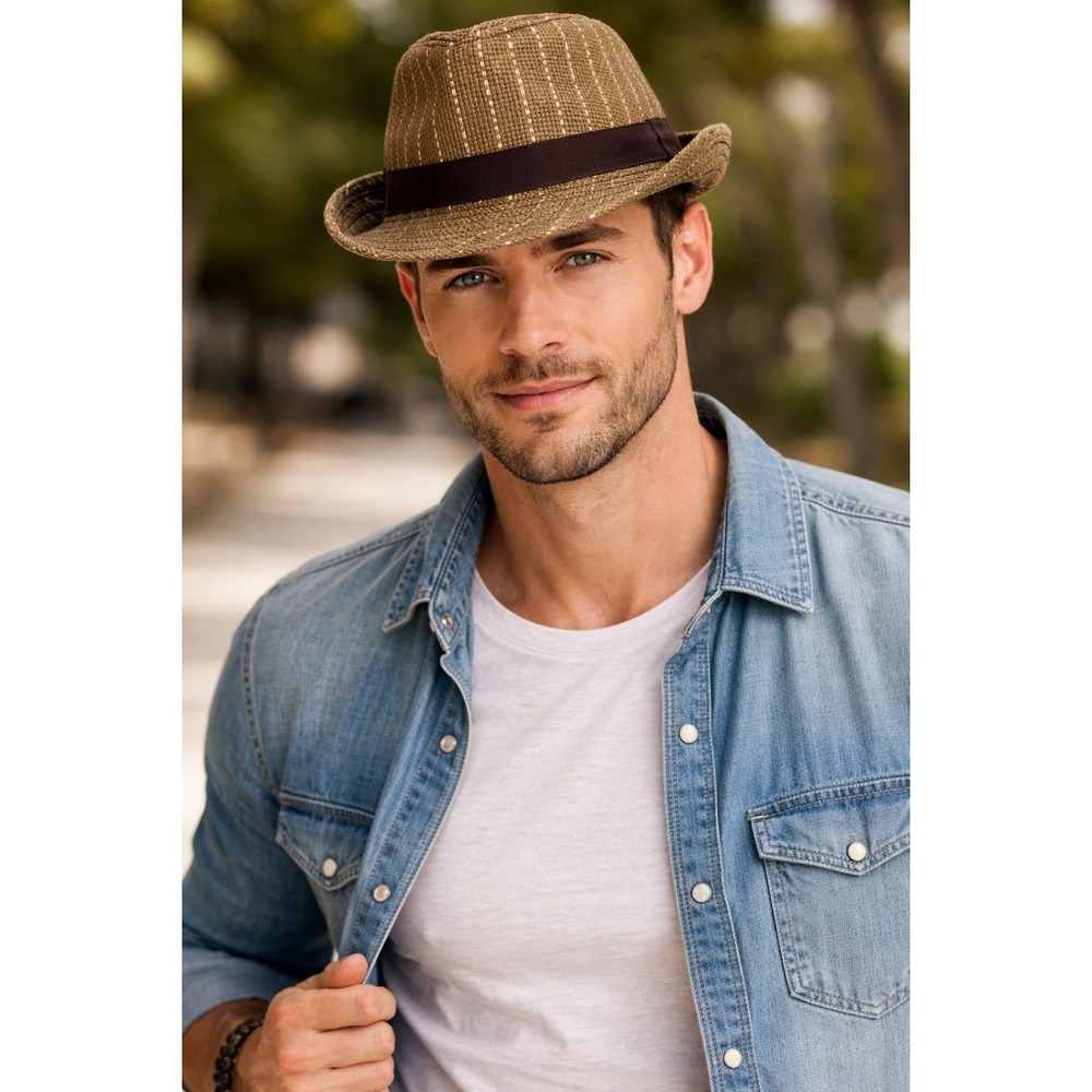 Classic Tan Striped Fedora Hat‎
